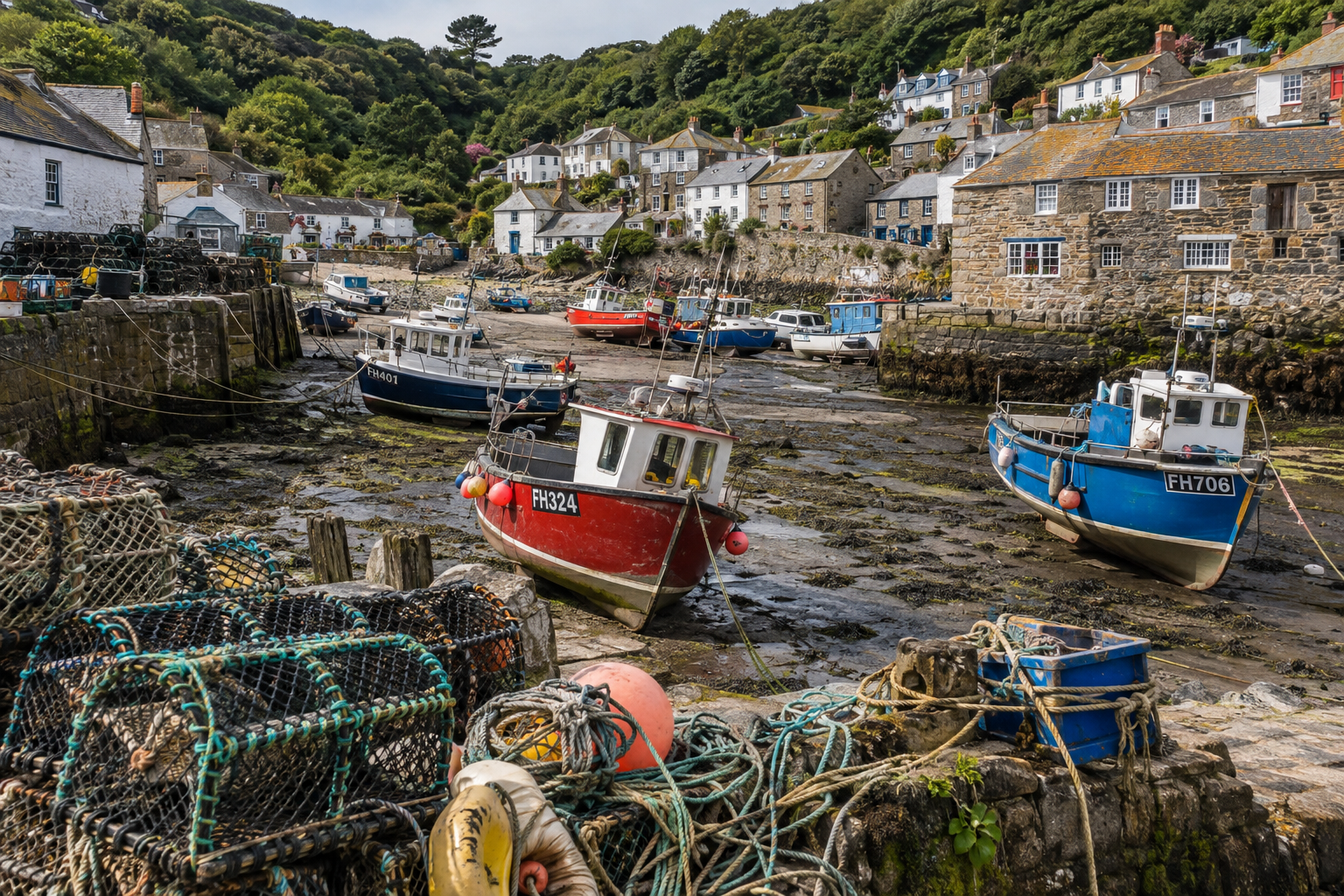 Colourful boats and cottages in a Cornish harbour