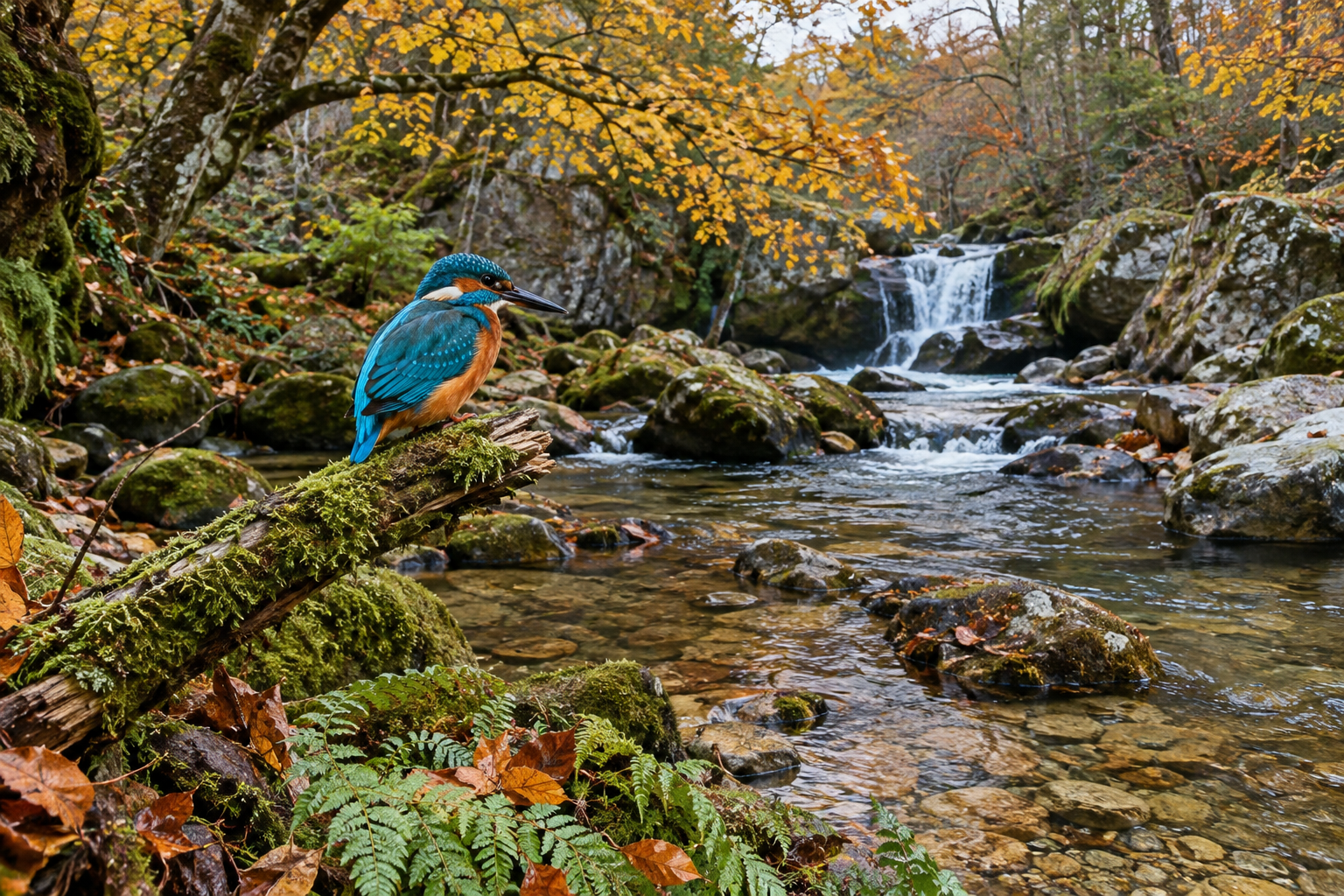 A vividly coloured kingfisher in woodland