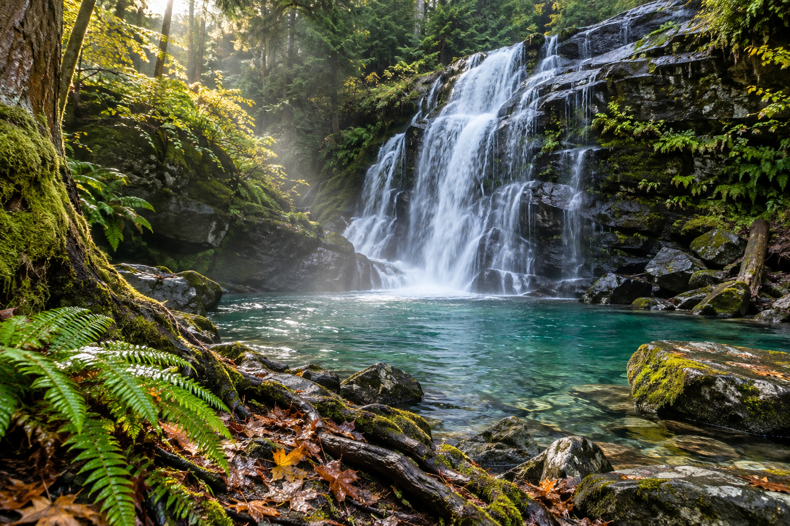 A waterfall surrounded by lush forest